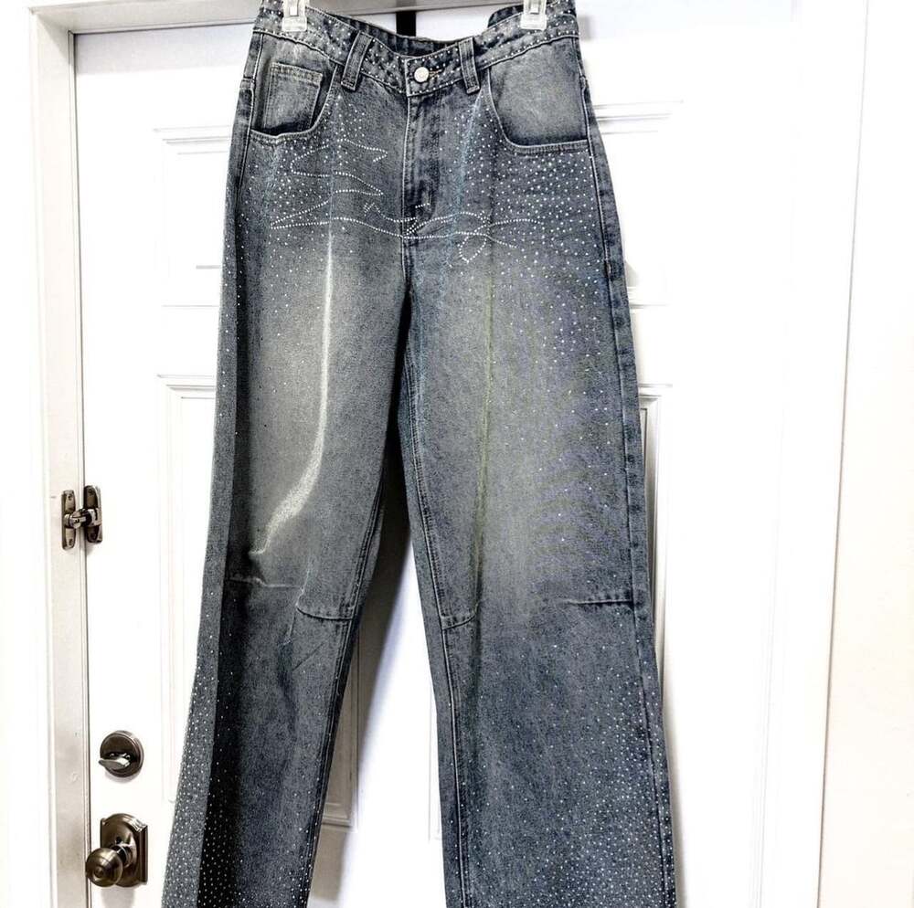 MEDM Mr. Enjoy Da Money Crystal Embellished Rhinestone Denim Jeans Size 30